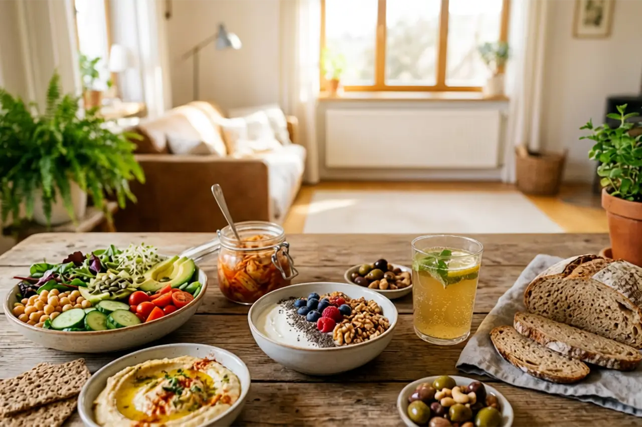 Darmgesundheit 2026: Was wirklich funktioniert, Tisch mit gesunden Lebensmitteln, die den Darm unterstützen